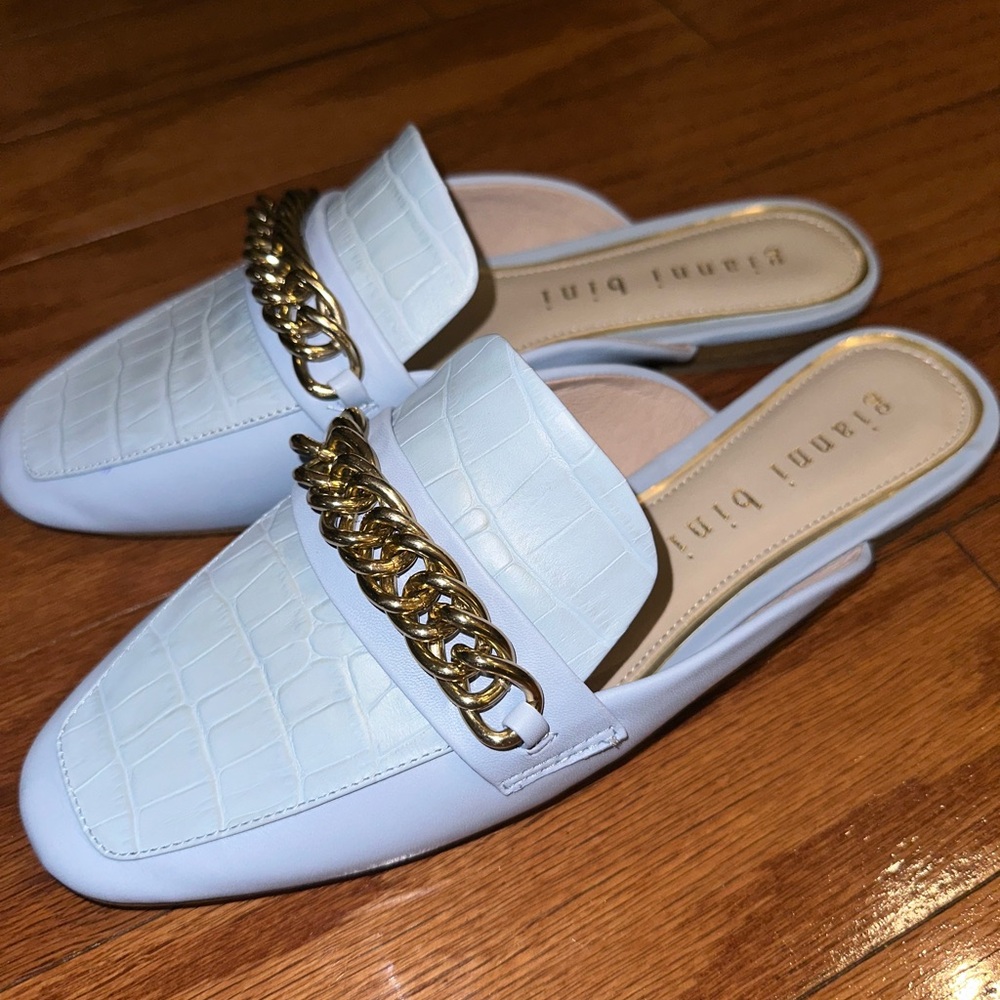 Gianni Bini Blue and Gold Mules with Chain Detail